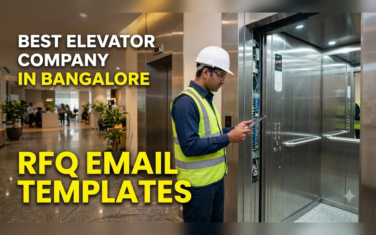 Technician in a hard hat and safety vest with a tablet beside an open lift in a Bangalore lobby