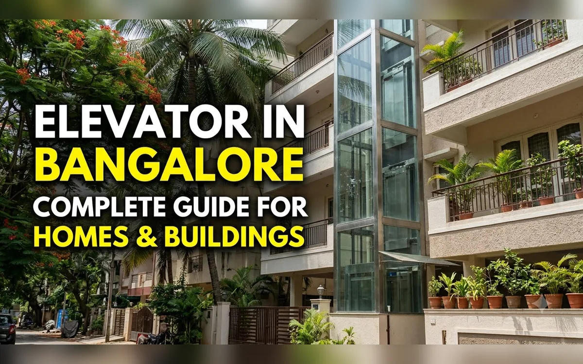 Glass lift shaft beside apartment balconies and plants in a Bangalore residential building