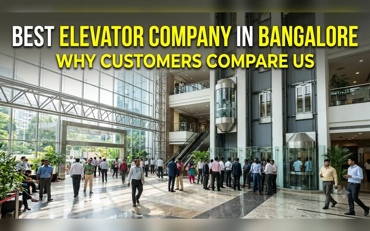 Large Bangalore atrium with glass capsule lifts and crowds walking through the lobby