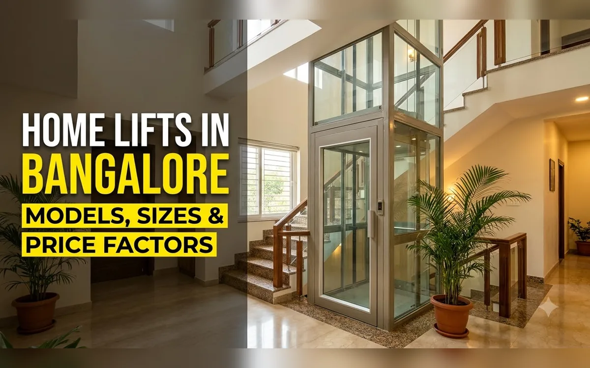 Glass home lift beside a wooden staircase and plants in a Bangalore home