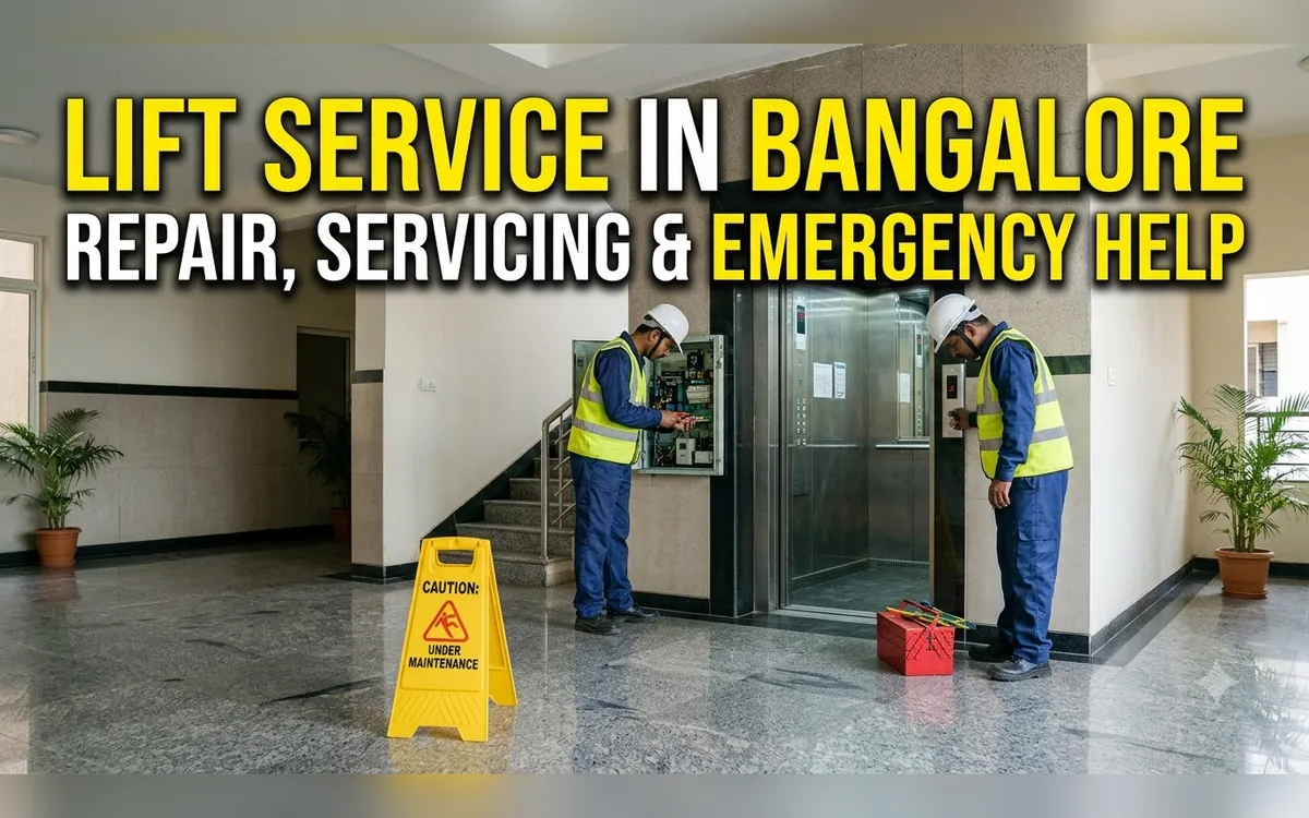 Two technicians repairing a lift control panel beside a caution sign in a Bangalore building