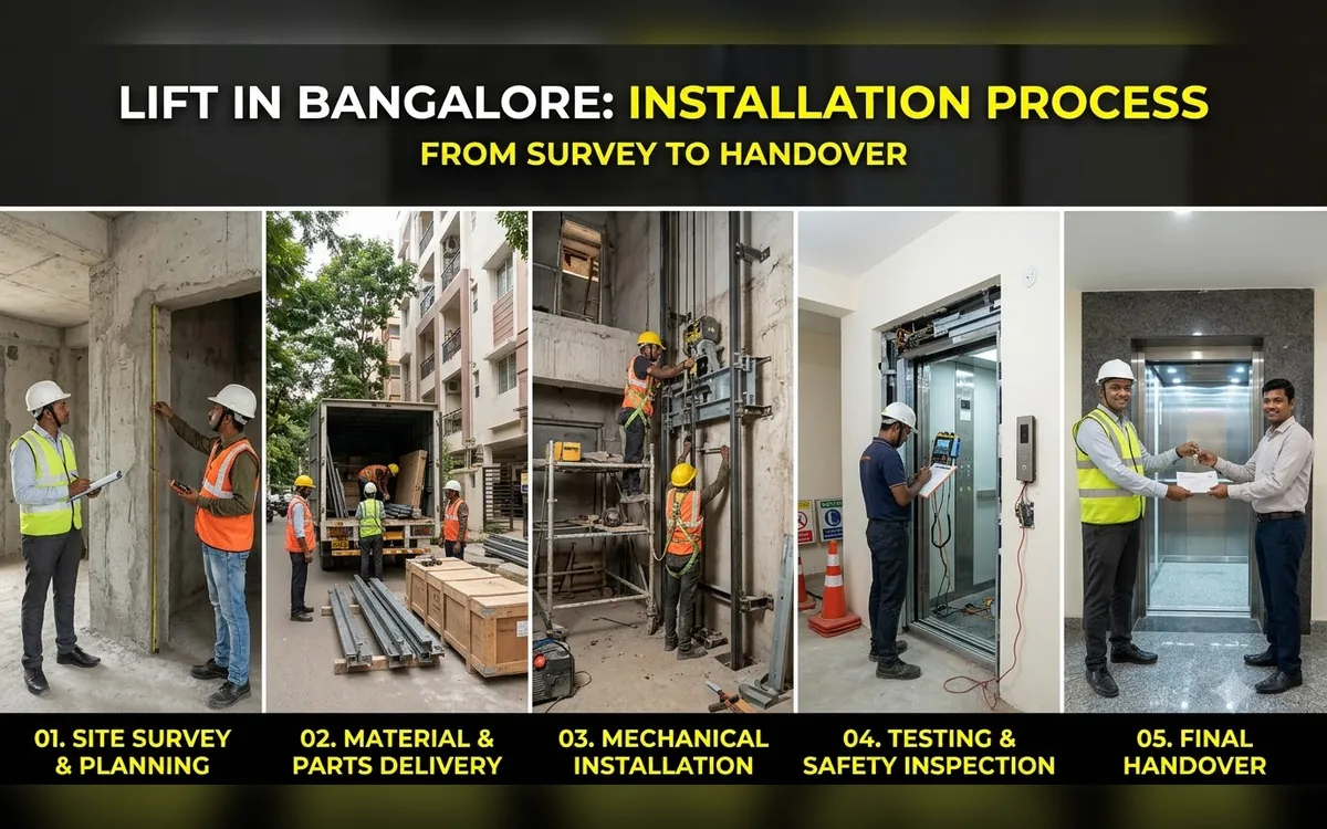 Five-stage lift installation process from site survey to final handover in a Bangalore building