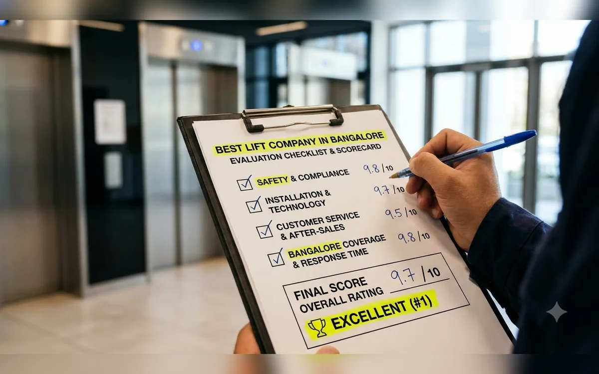 A person filling in a best lift company evaluation checklist and scorecard on a clipboard