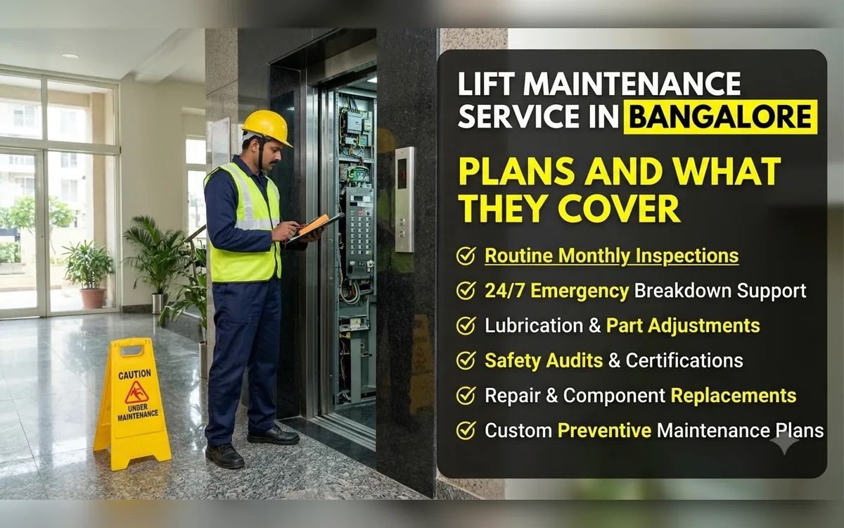 Technician inspecting a lift controller beside a list of maintenance plan inclusions in a Bangalore lobby