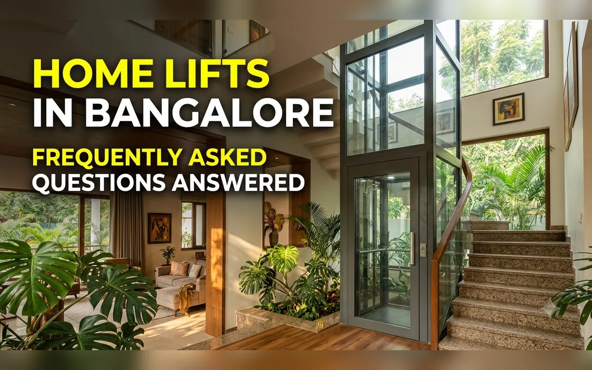 Glass home lift beside a staircase in a Bangalore living space with plants