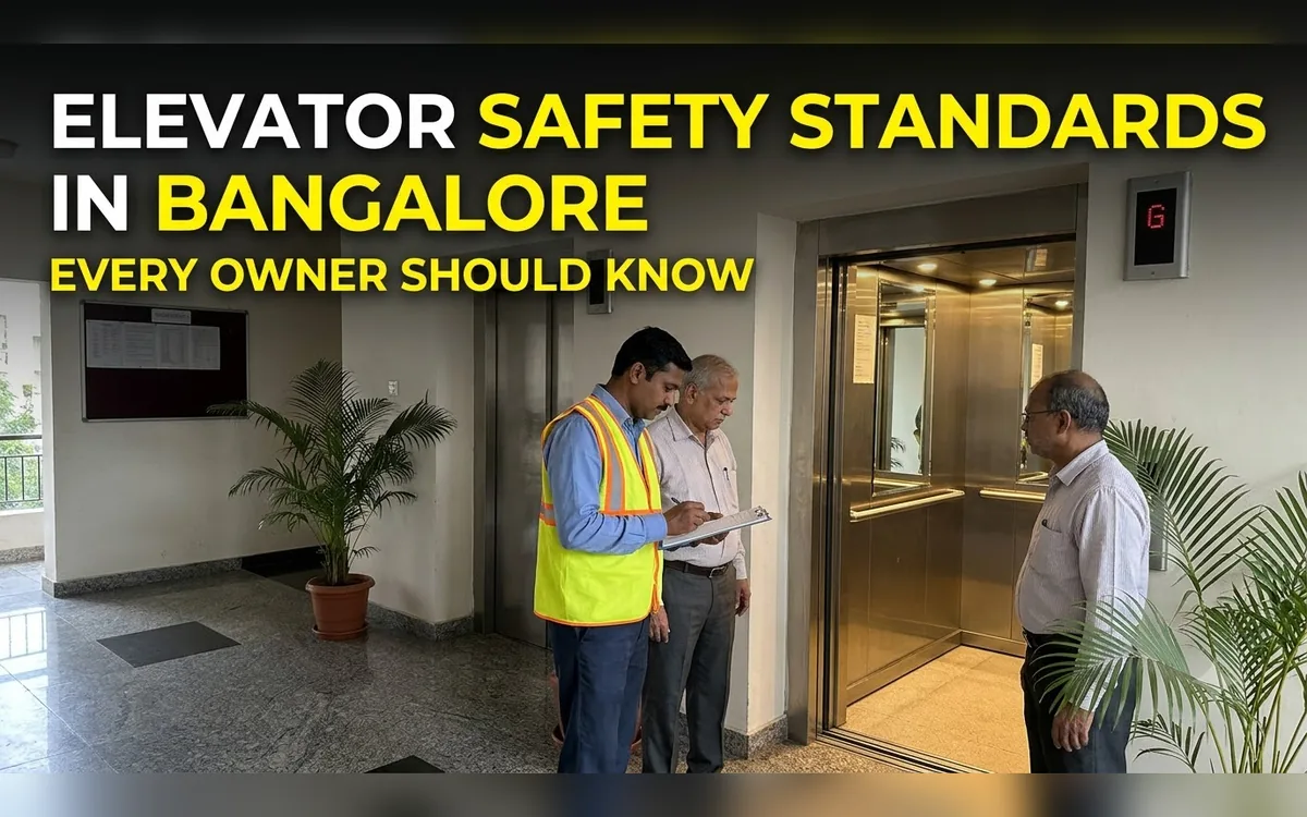 Owner and technician checking a lift with a clipboard in a Bangalore building lobby