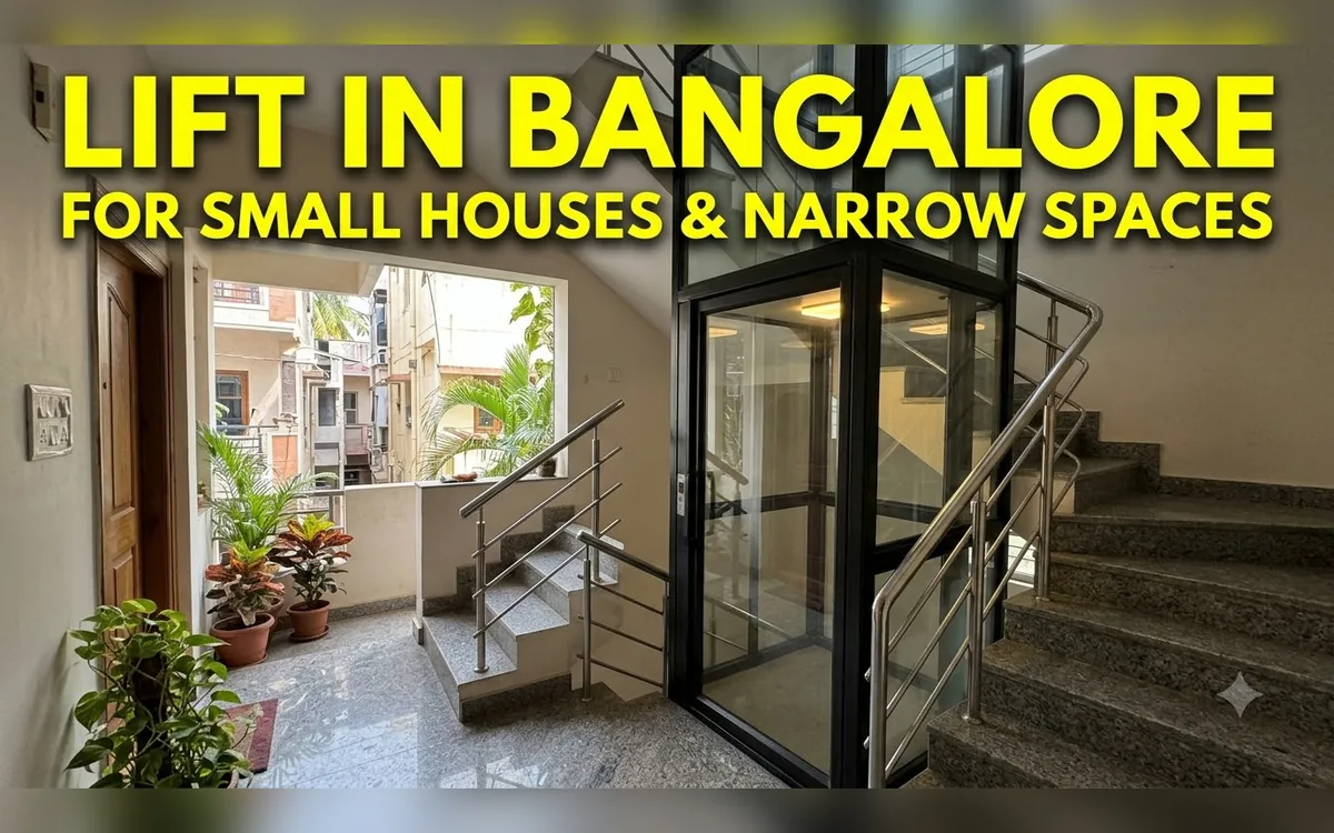 Compact home lift fitted beside a narrow staircase in a small Bangalore house