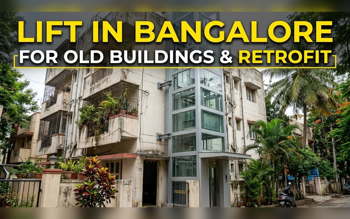New glass lift shaft added to the outside of an older Bangalore building