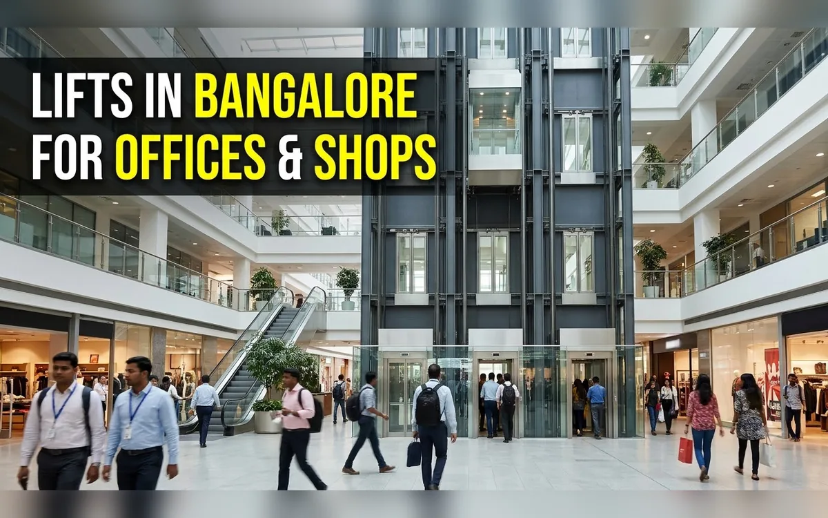 Customers and staff using a modern passenger lift in a Bangalore shop and office building