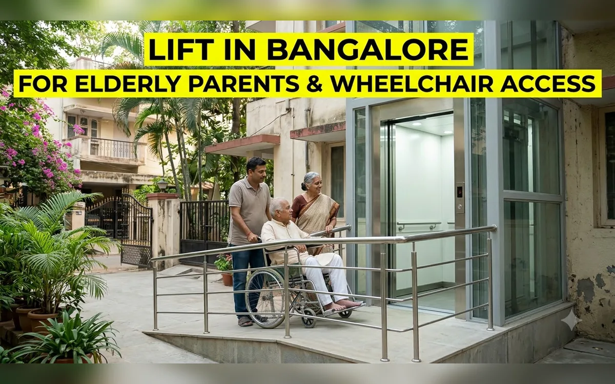Elderly person with a walking stick entering a wide home lift in a Bangalore house