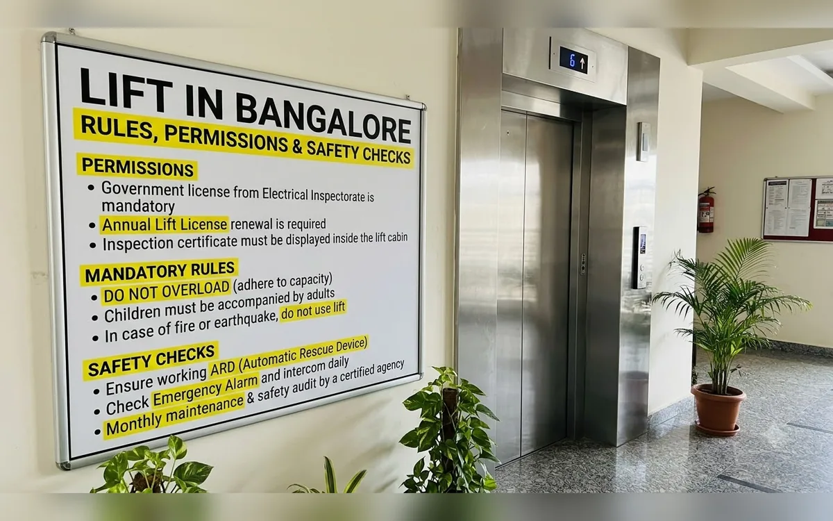 Inspector checking the machine and safety devices of a lift in a Bangalore building