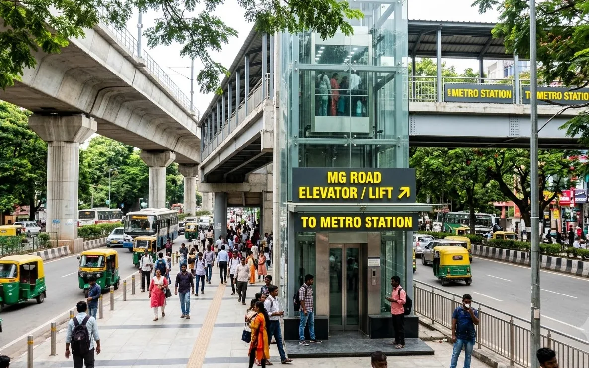 Glass elevator beside the MG Road metro station walkway with pedestrians and auto rickshaws