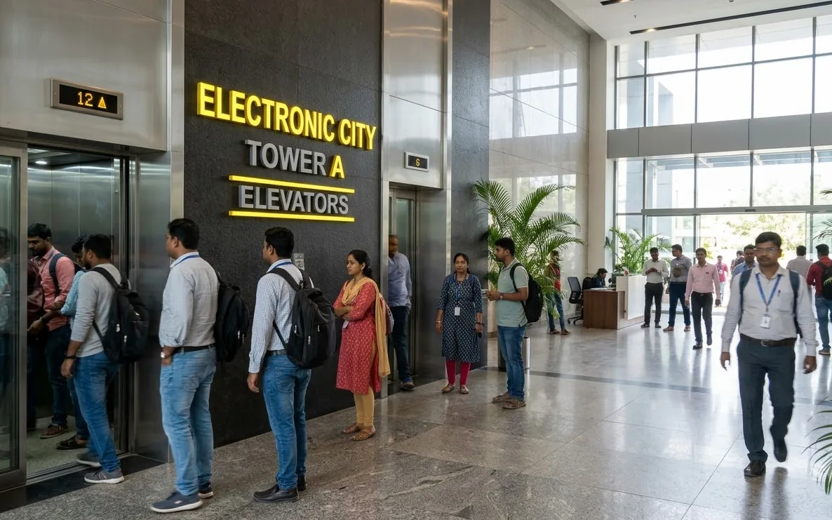 Elevator at an Electronic City IT campus entrance on Hosur Road in South Bangalore