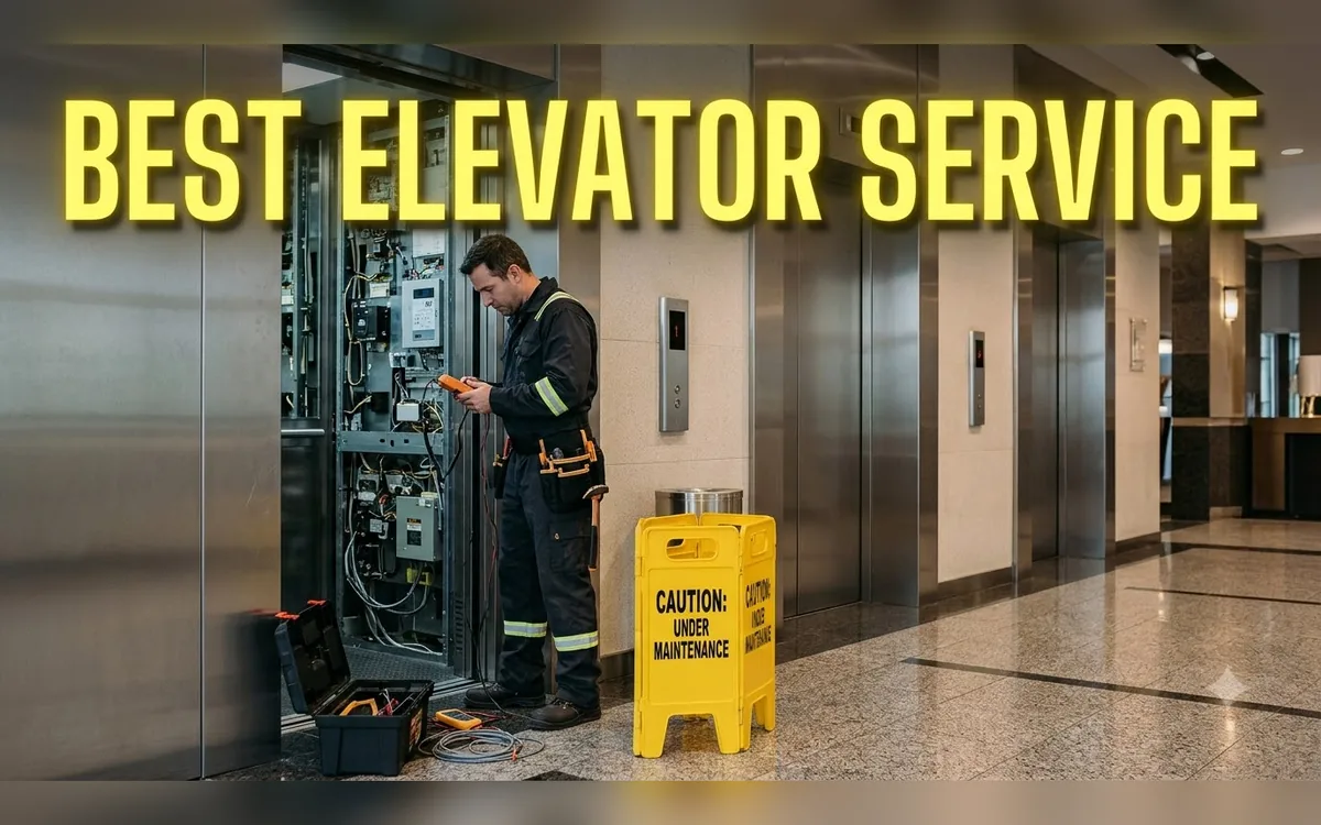 Elevator technician servicing a lift control panel in a Bangalore building lobby with an under maintenance sign