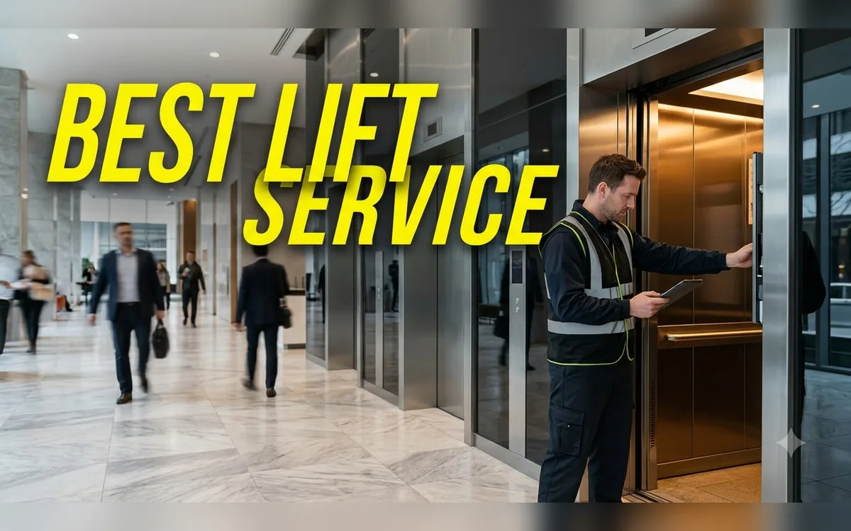 Best lift service advertisement showing a lift technician and service van for lifts in Bangalore