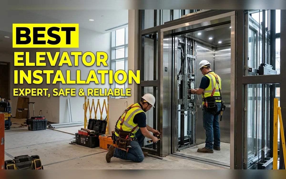 Elevator installation team fitting guide rails inside a shaft in a Bangalore building