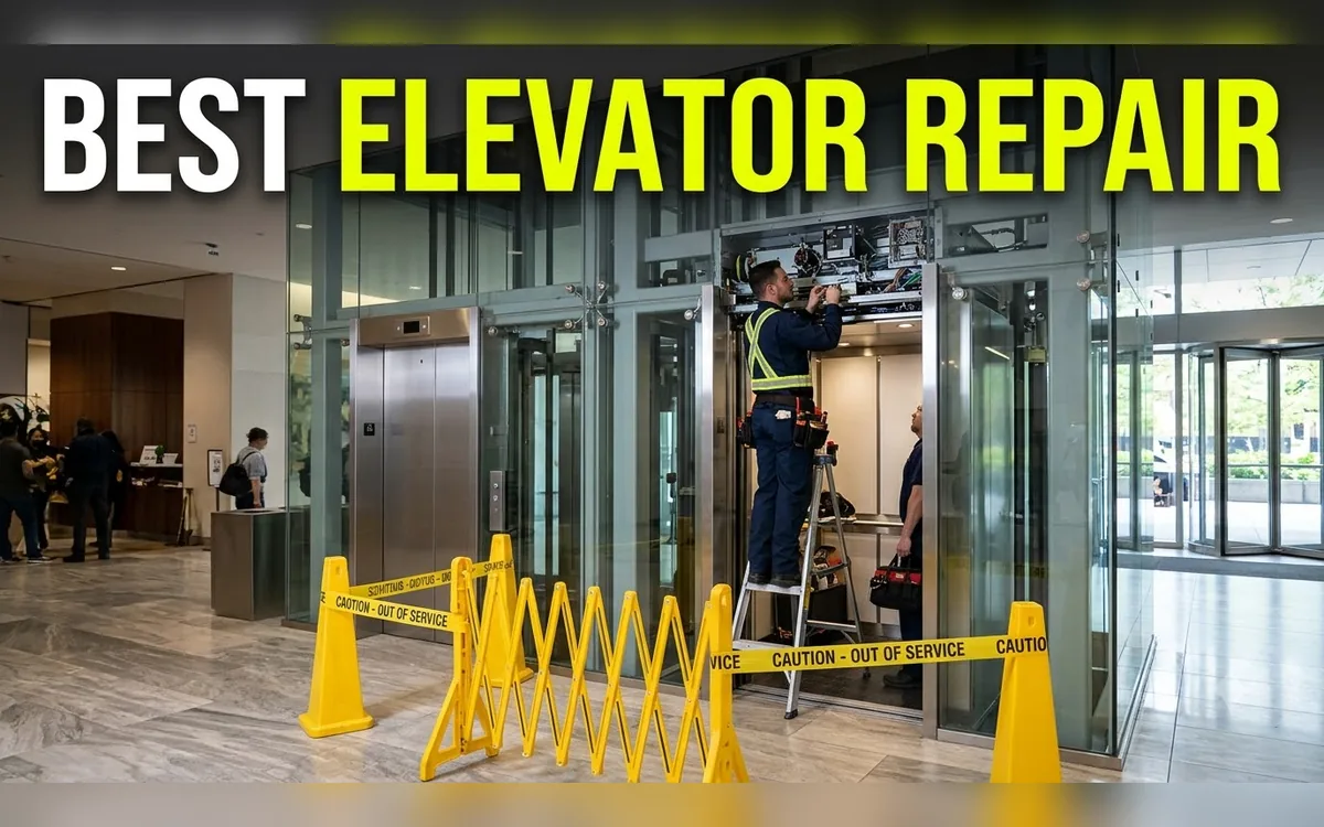 Elevator repair technician diagnosing a lift door fault in a Bangalore building