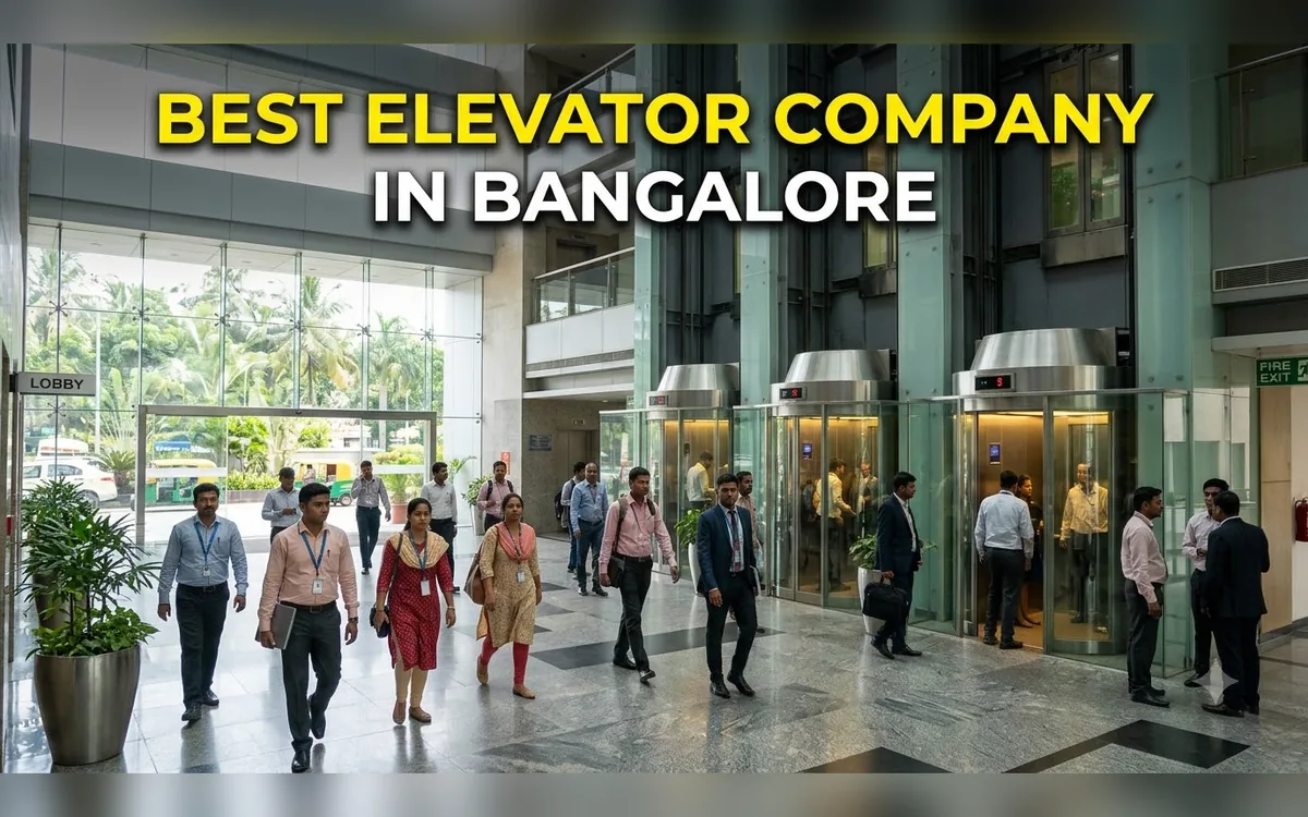 Elevator company team and a modern elevator lobby in a Bangalore building