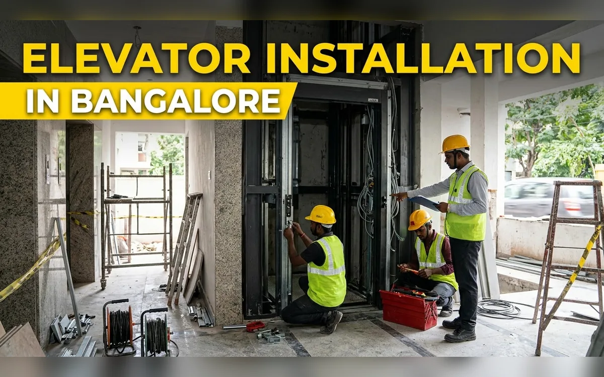 Elevator installation team fitting a lift cabin and guide rails in a Bangalore building