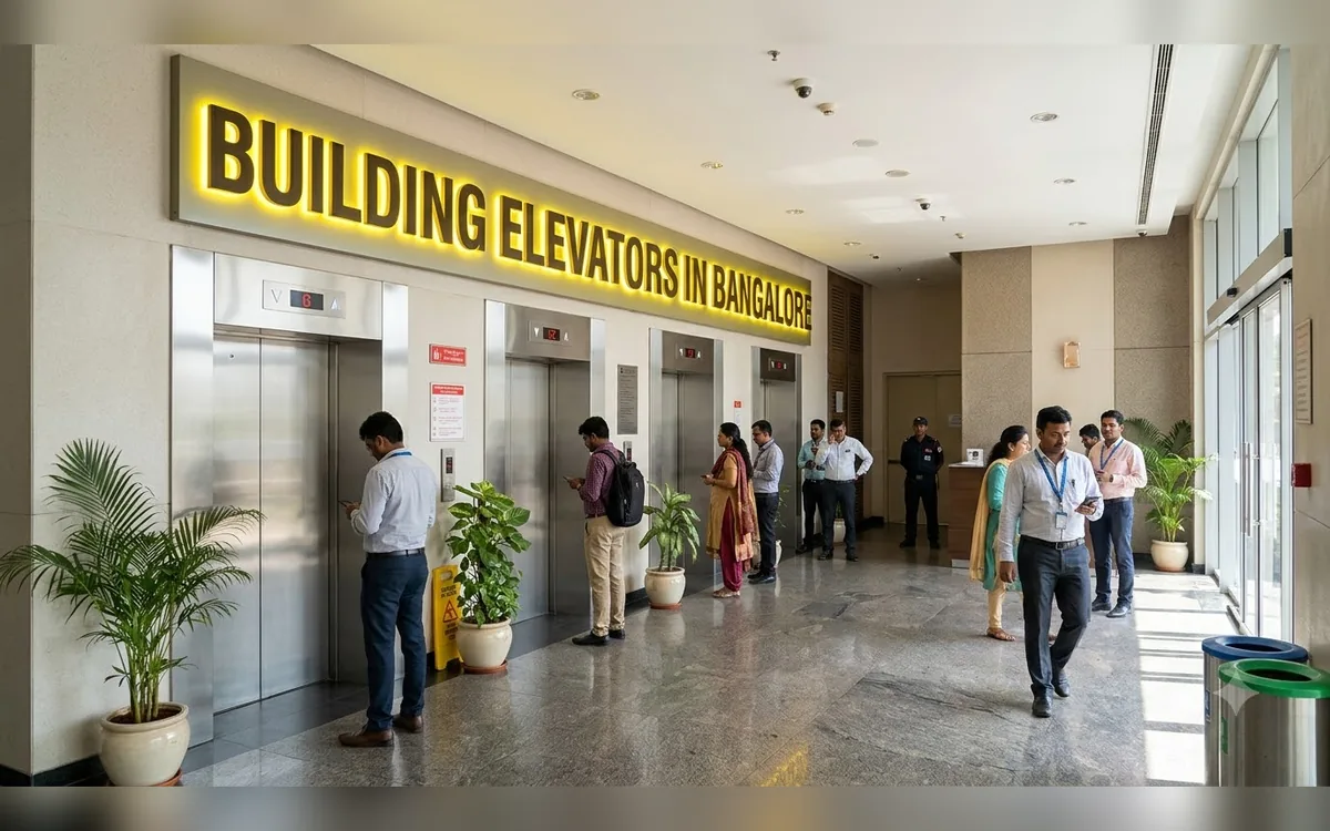 Building elevators in a modern Bangalore tower with glass lift shafts and a lobby